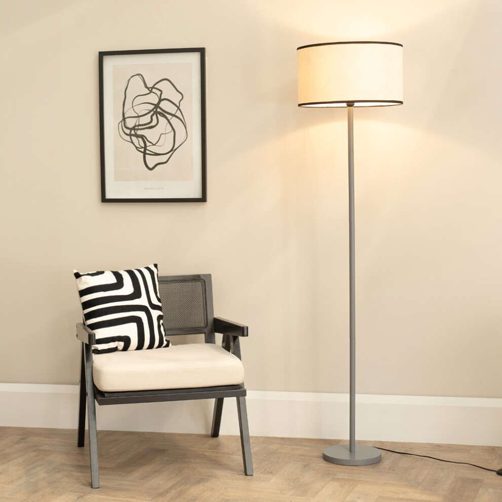 ValueLights Heather Natural Black Trim Shade Grey Wood Floor Lamp & Bulb