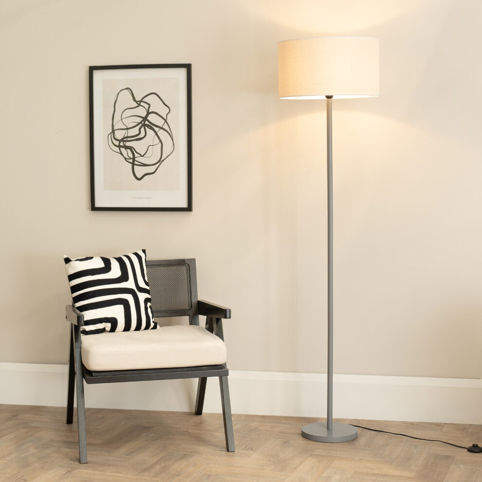 ValueLights Heather Natural White Trim Shade Grey Wood Floor Lamp & Bulb