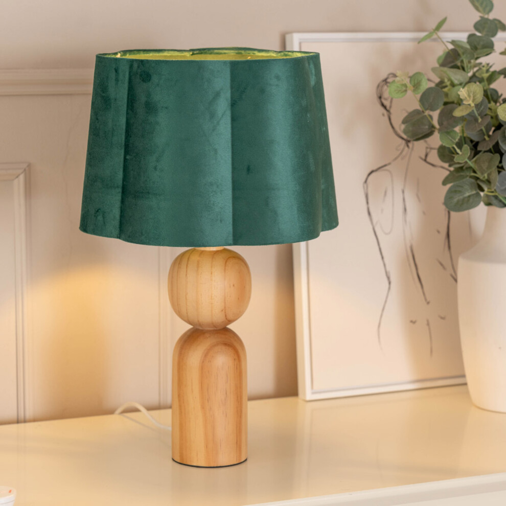 ValueLights Azalea Wooden Table Lamp Green Velvet Scallop Shade & Bulb