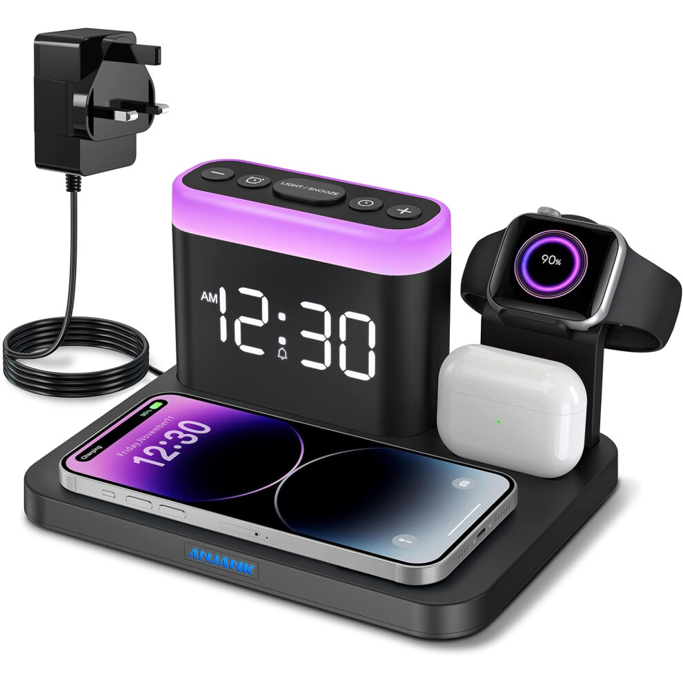 Wireless Charging Station - 5 in 1 Wireless Charger Stand with Alarm Clock, 7 Night Lights, Charging Base