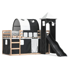 vidaXL Etagenbett mit Rutsche und Gardinen Weiß und Schwarz 80x200 cm