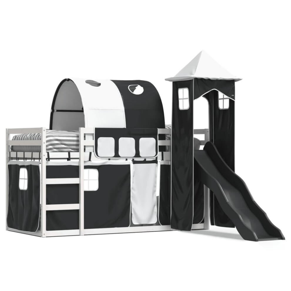 Vidaxl (White And Black, 90 X 200 Cm) Bunk Bed With Slide And Curtains Twin Sleeper
