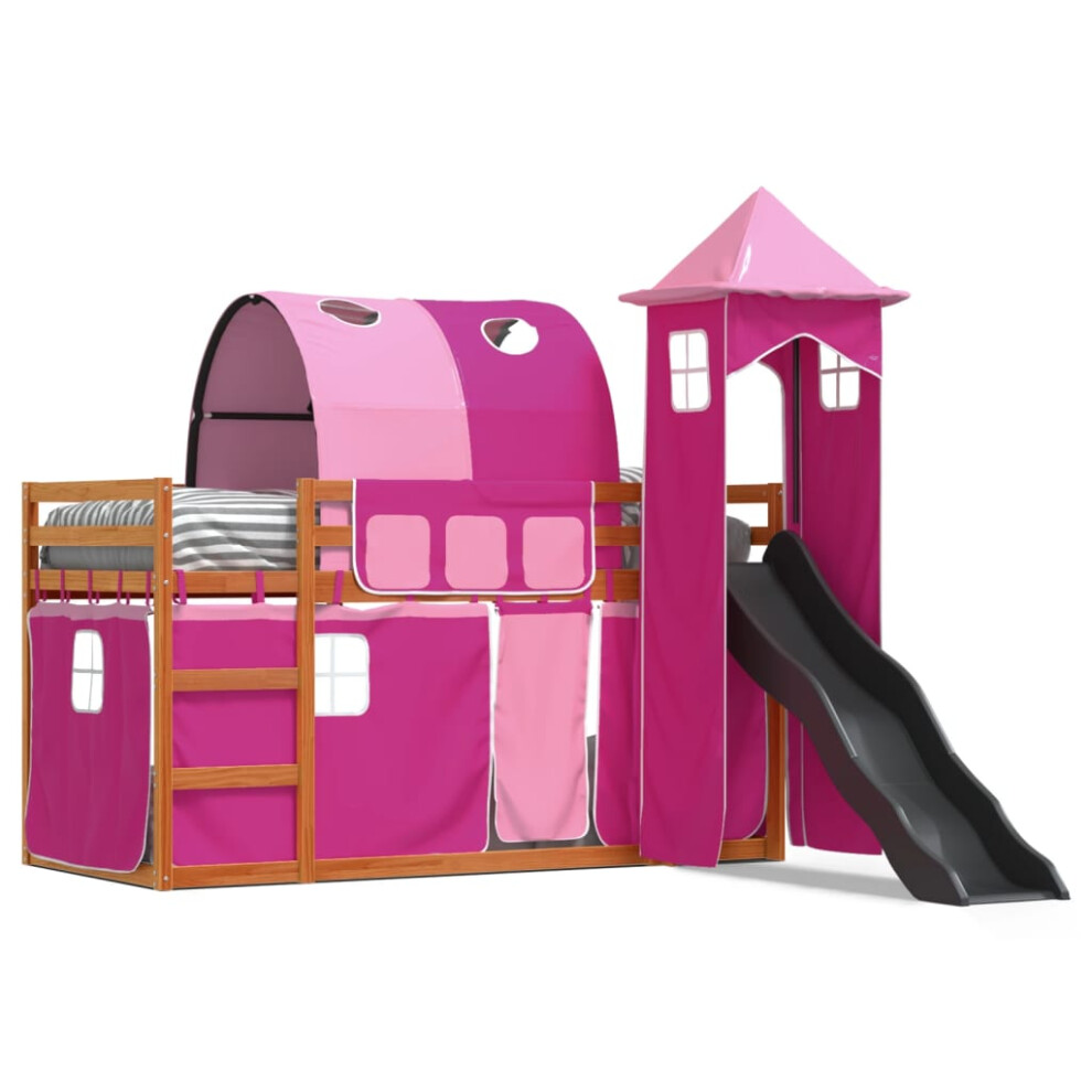Vidaxl (Brown And 90 X 190 Cm) Bunk Bed With Slide And Curtains Twin Sleeper Pink