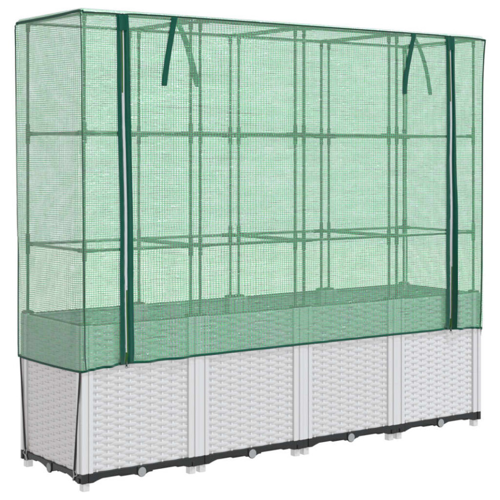 Vidaxl (White) Raised Bed With Greenhouse Cover Plant Box Garden Planter Rattan Look
