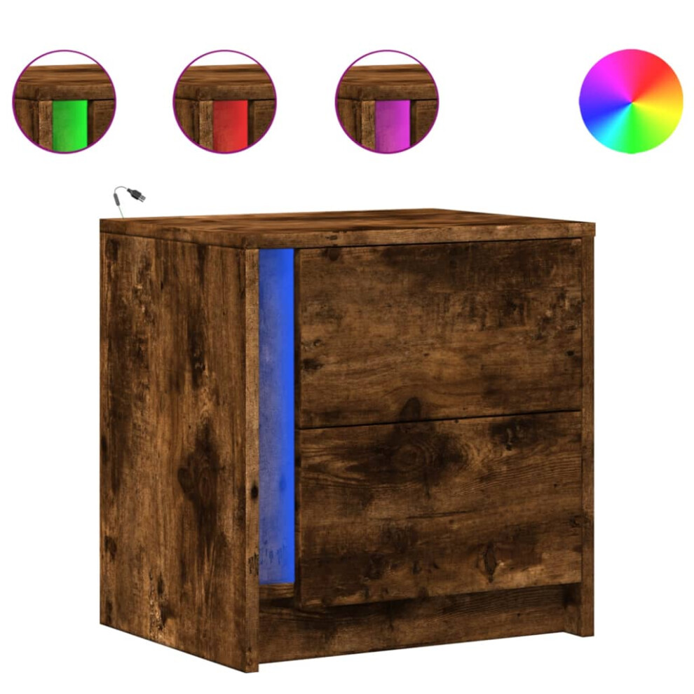 Vidaxl (Smoked Oak, 1 Pcs) Bedside Cabinet With Led Lights Nightstand Bed Table Engineered Wood