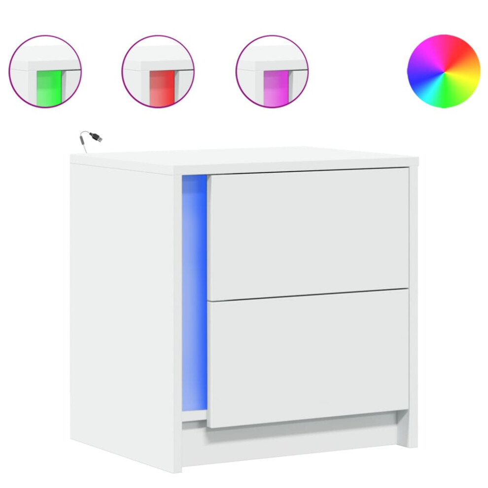 Vidaxl (White, 1 Pcs) Bedside Cabinet With Led Lights Nightstand Bed Table Engineered Wood