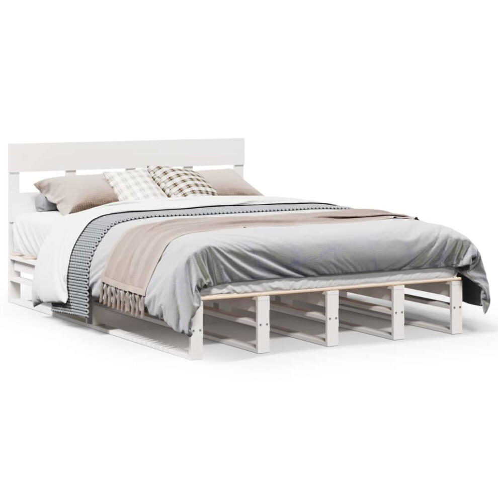 Vidaxl (White, 140 X 200 Cm) Bed Frame With Headboard Mattress Foundation Bed Base Solid Wood Pine
