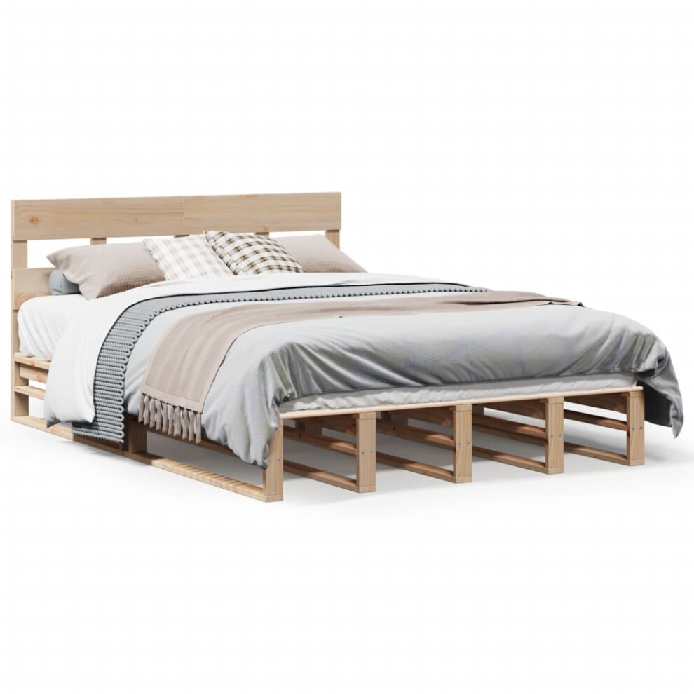 Vidaxl (Natural, 150 X 200 Cm) Bed Frame With Headboard Mattress Foundation Bed Base Solid Wood Pine