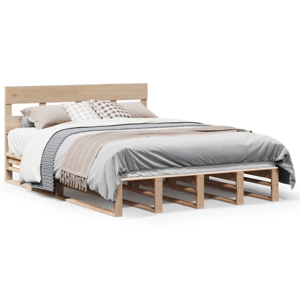 Vidaxl (Natural, 135 X 190 Cm) Bed Frame With Headboard Mattress Foundation Bed Base Solid Wood Pine