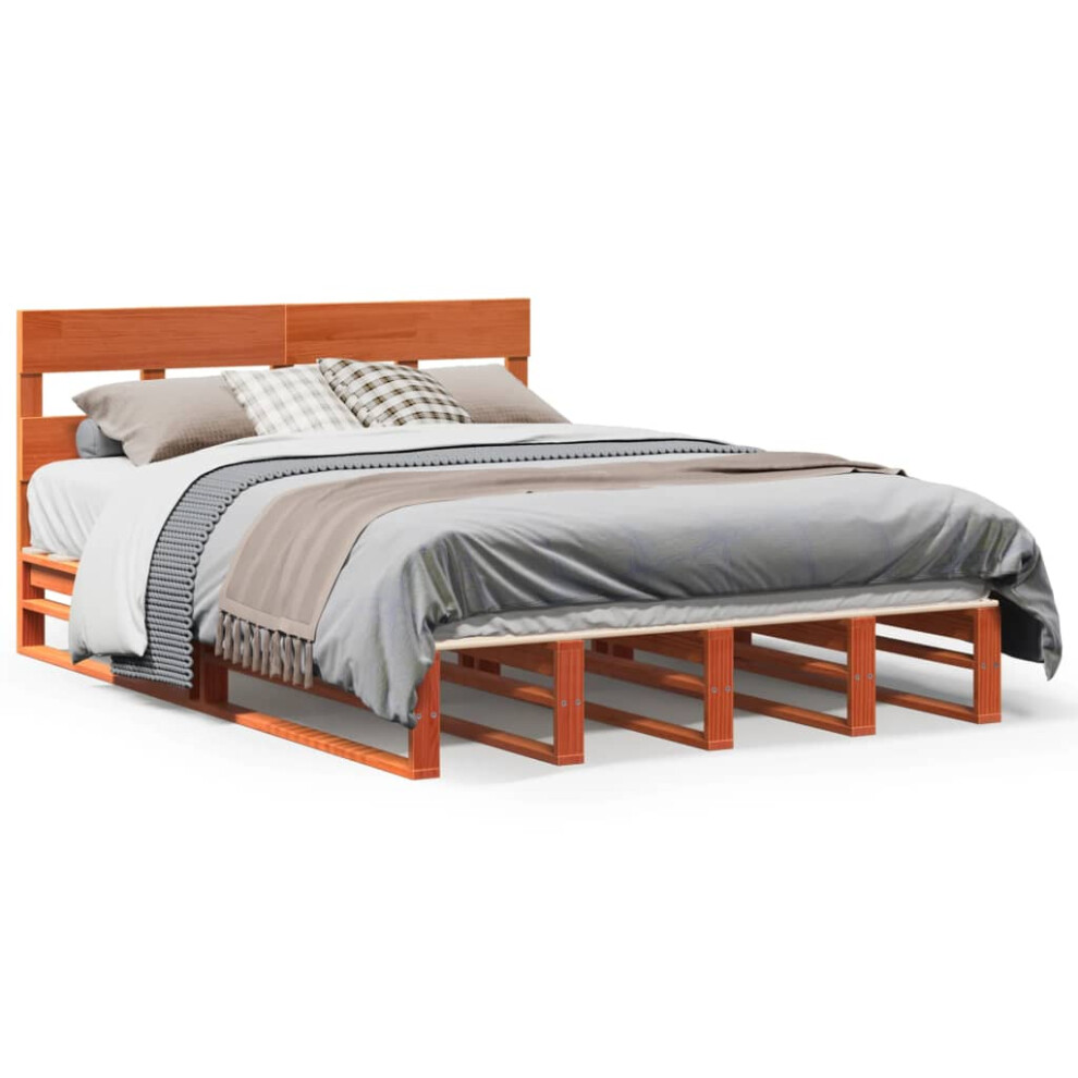 Vidaxl (Wax Brown, 135 X 190 Cm) Bed Frame With Headboard Mattress Foundation Bed Base Solid Wood Pine