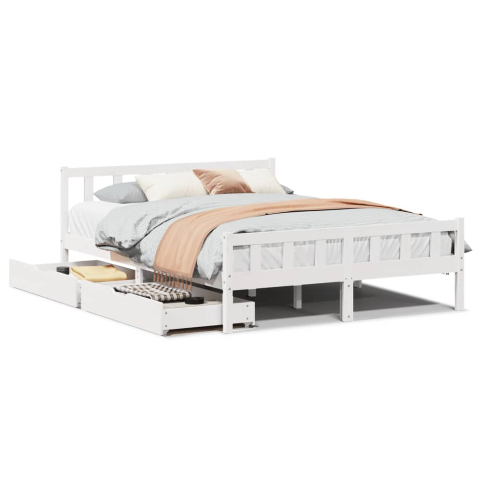 Vidaxl (White, 160 X 200 Cm) Bed Frame With Drawers Bed Wax Solid Wood Pine