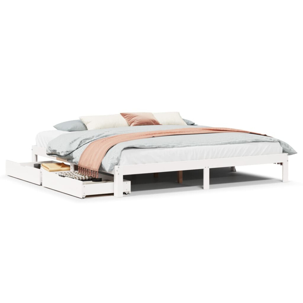 Vidaxl (White, 200 X 200 Cm) Bed Frame With Drawers Bed Wax Solid Wood Pine