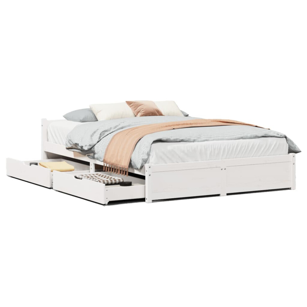 Vidaxl (White, 140 X 200 Cm) Bed Frame With Drawers Home Bedroom Bed Base Bedstead Solid Wood Pine