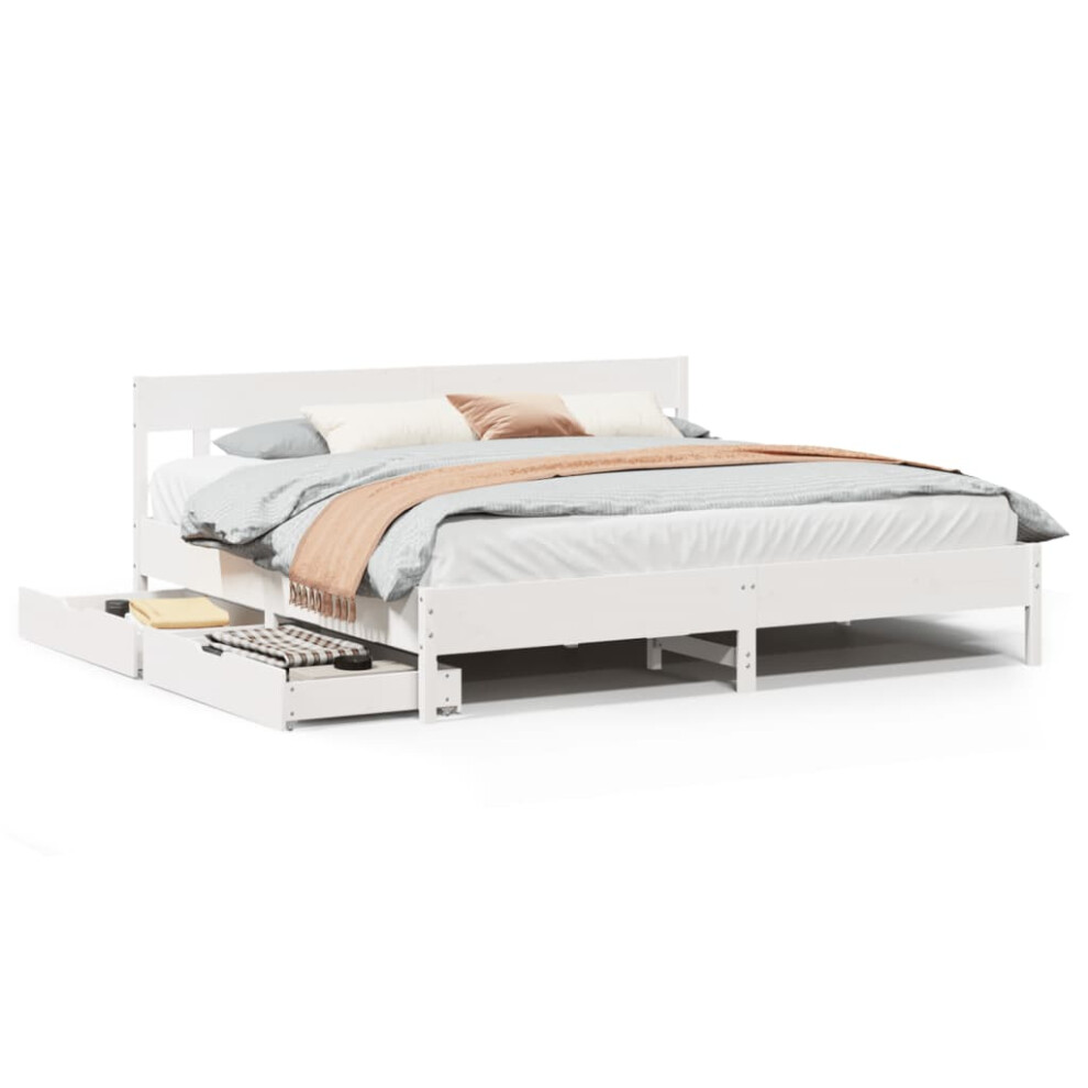 Vidaxl (White, 180 X 200 Cm) Bed Frame With Headboard Bed Base Solid Wood Pine