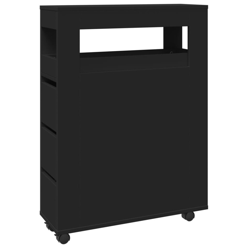 Vidaxl (Black) Narrow Bathroom Cabinet With Wheels Storage Cupboard Engineered Wood