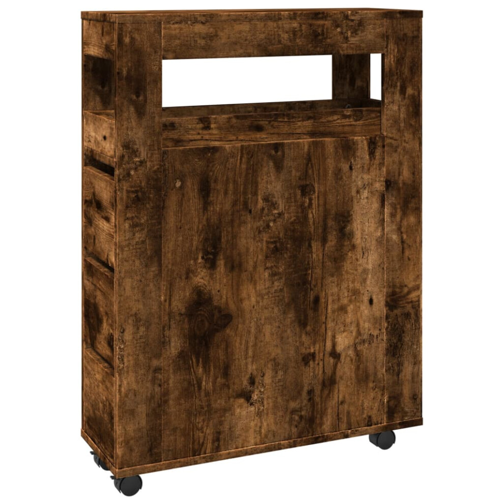 Vidaxl (Smoked Oak) Narrow Bathroom Cabinet With Wheels Storage Cupboard Engineered Wood