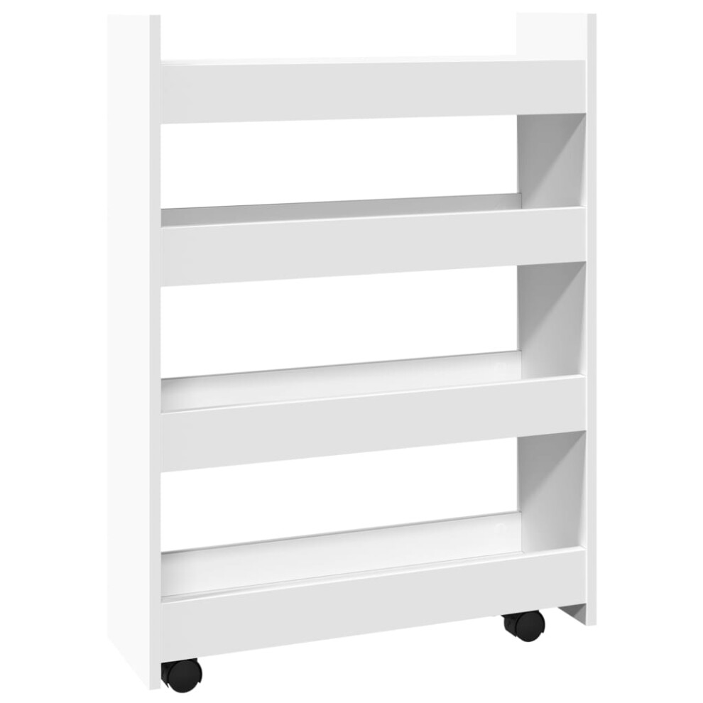 (white) vidaXL Narrow Storage Trolley 4 Tier Rolling Cart Bookcase Engineered Wood