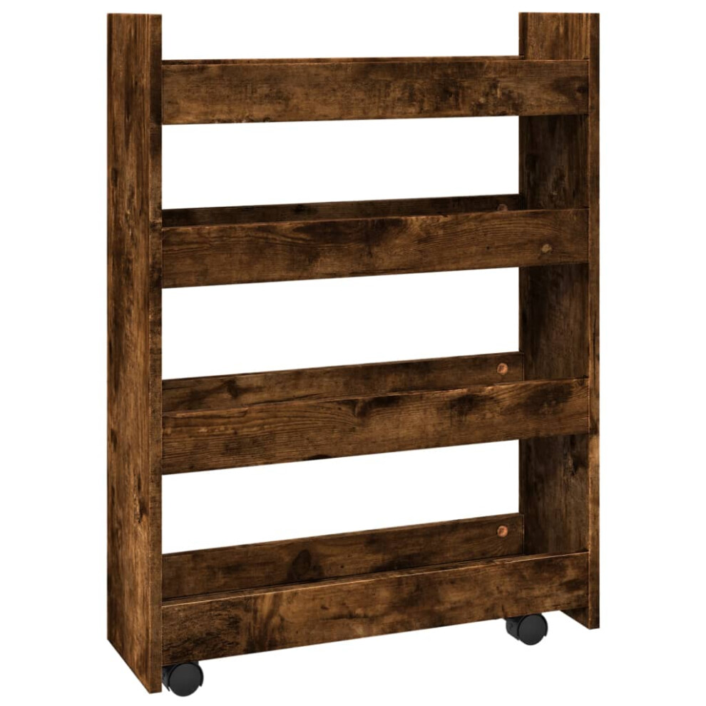 Vidaxl (Smoked Oak) Narrow Storage Trolley 4 Tier Rolling Cart Bookcase Engineered Wood Brown