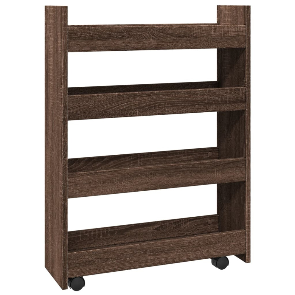 (brown oak) vidaXL Narrow Storage Trolley 4 Tier Rolling Cart Bookcase Engineered Wood