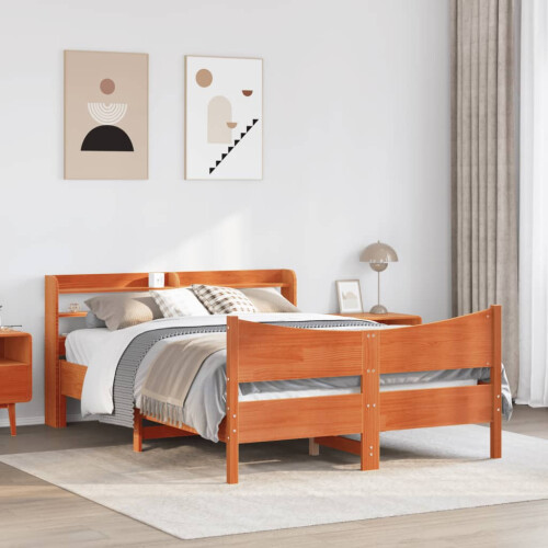 VidaXL (wax brown, 150 x 200 cm) vidaXL Bed Frame with Headboard Bed Base Solid Wood Pine 2