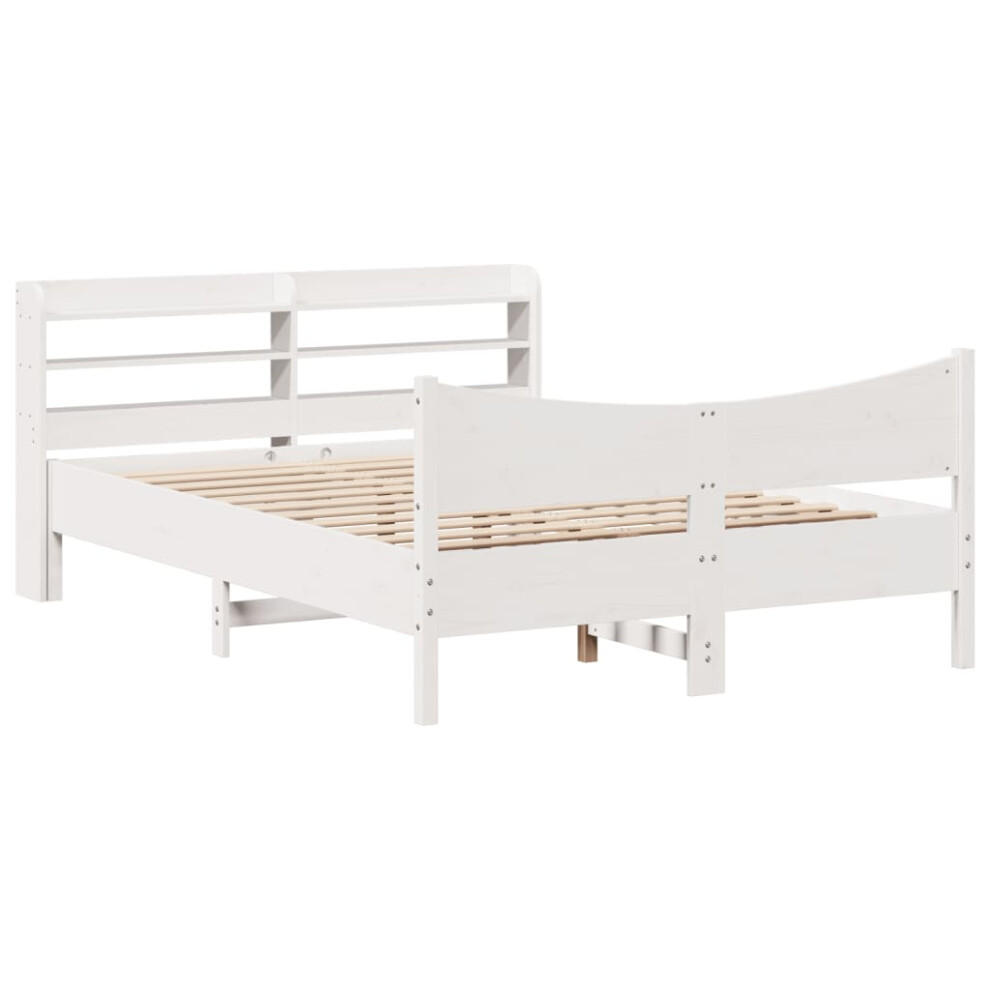 Vidaxl (White, 135 X 190 Cm) Bed Frame With Headboard Bed Base Solid Wood Pine