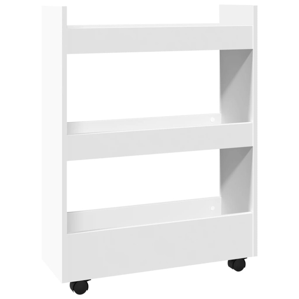 (white) vidaXL Narrow Storage Trolley 3 Tier Bookcase Rolling Cart Engineered Wood