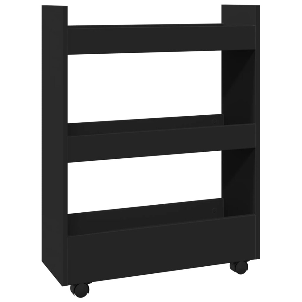 (black) vidaXL Narrow Storage Trolley 3 Tier Bookcase Rolling Cart Engineered Wood