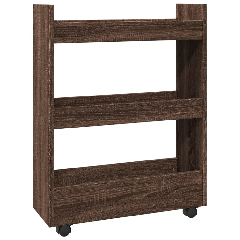 (brown oak) vidaXL Narrow Storage Trolley 3 Tier Bookcase Rolling Cart Engineered Wood