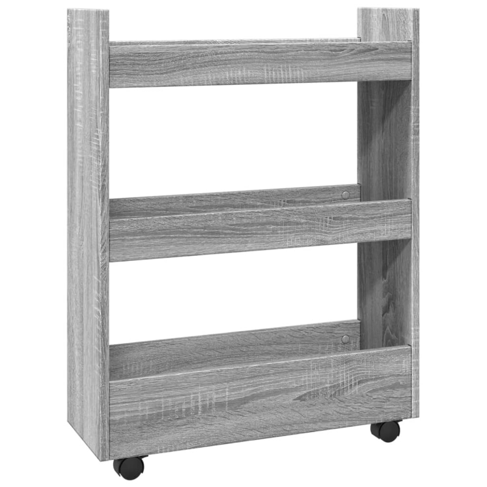 Vidaxl ( Sonoma) Narrow Storage Trolley 3 Tier Bookcase Rolling Cart Engineered Wood Grey