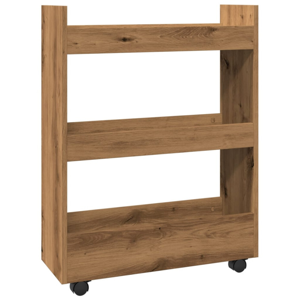 Vidaxl (Artisian Oak) Narrow Storage Trolley 3 Tier Bookcase Rolling Cart Engineered Wood Brown