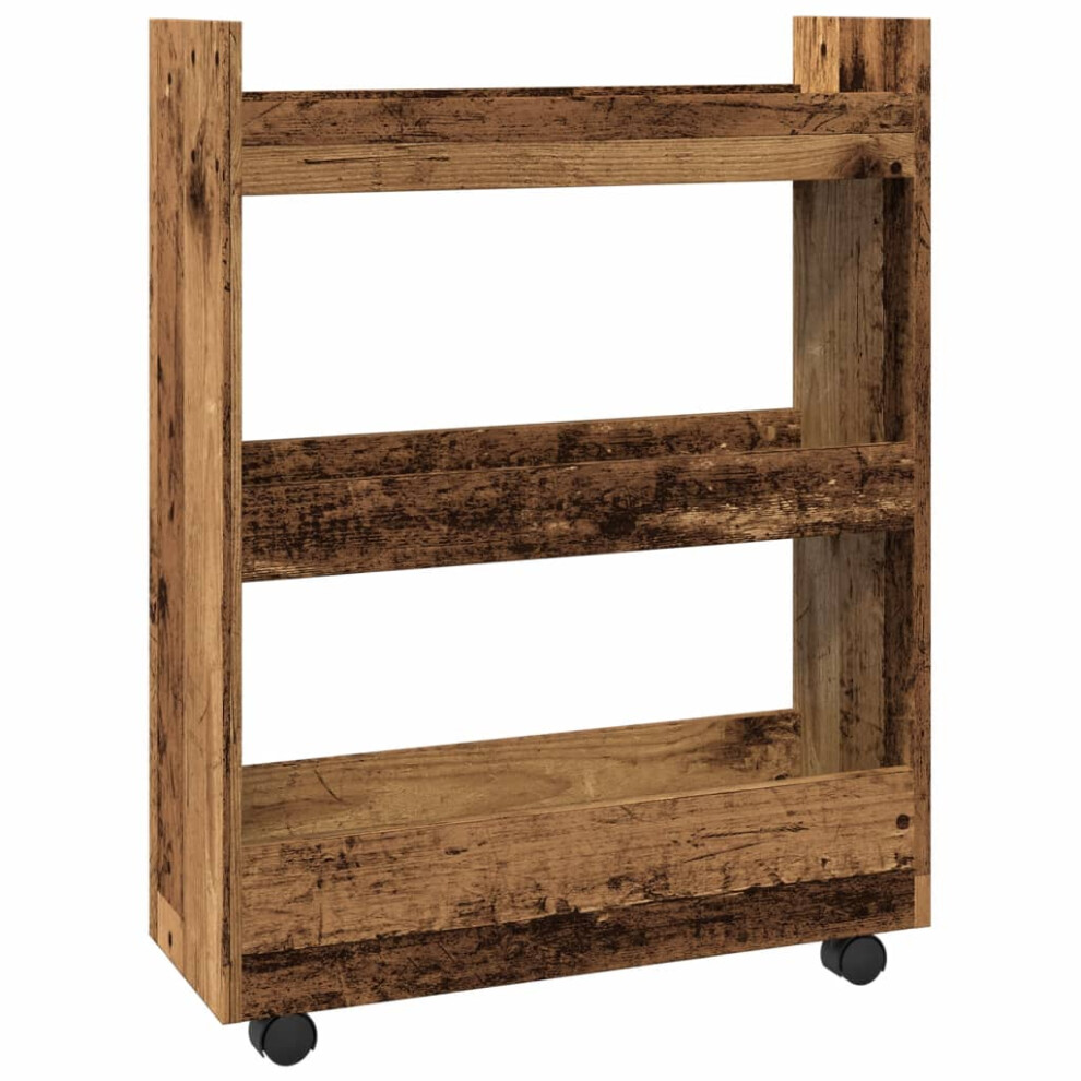 Vidaxl (Old Wood) Narrow Storage Trolley 3 Tier Bookcase Rolling Cart Engineered Wood