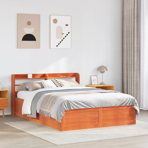VidaXL (wax brown, 150 x 200 cm) vidaXL Bed Frame with Headboard Bed Base Solid Wood Pine 2