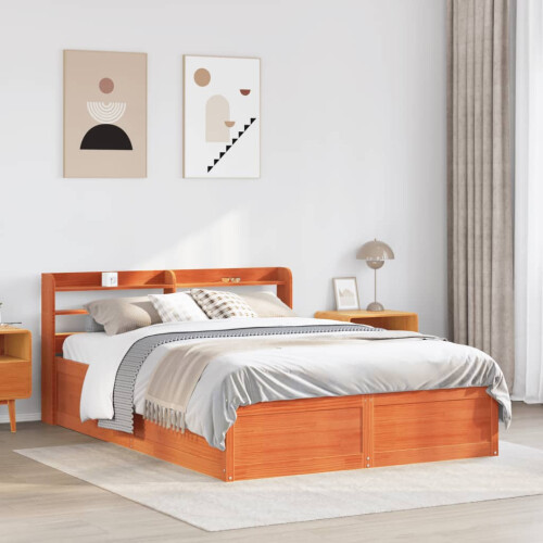 VidaXL (wax brown, 135 x 190 cm) vidaXL Bed Frame with Headboard Bed Base Solid Wood Pine 2
