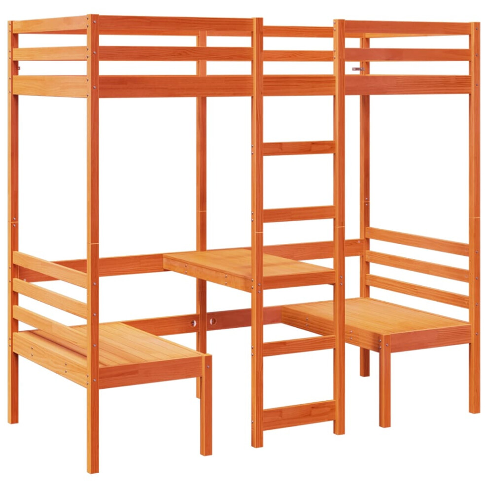 Vidaxl (Wax Brown, 90 X 200 Cm) Loft Bed Frame With Desk And Chairs Children's Bunk Bed Solid Wood Pine