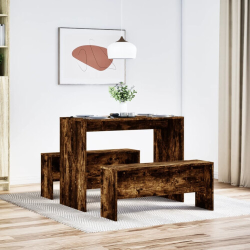VidaXL (smoked oak) vidaXL Dining Table and Bench Set 3 Piece Dinner Table Set Engineered Wood 2
