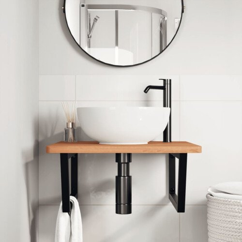 VidaXL vidaXL Basin Shelf Wall Mounted Bathroom Countertop Steel and Solid Wood Beech 2