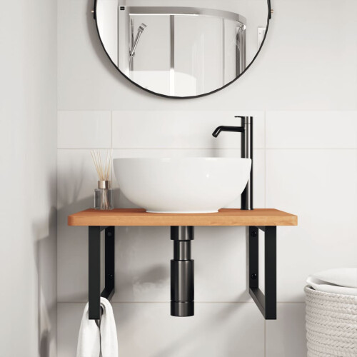 VidaXL vidaXL Basin Shelf Wall Mounted Bathroom Countertop Steel and Solid Wood Beech 2