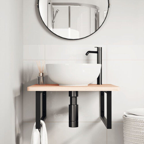 VidaXL vidaXL Basin Shelf Wall Mounted Bathroom Countertop Steel and Solid Wood Beech 2