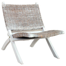 vidaXL Relaxing Chair White Natural Kubu Rattan and Solid Mahogany Wood Seat