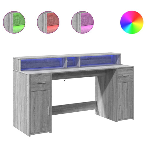 VidaXL vidaXL Desk with LED Lights Writing Working Table Grey Sonoma Engineered Wood