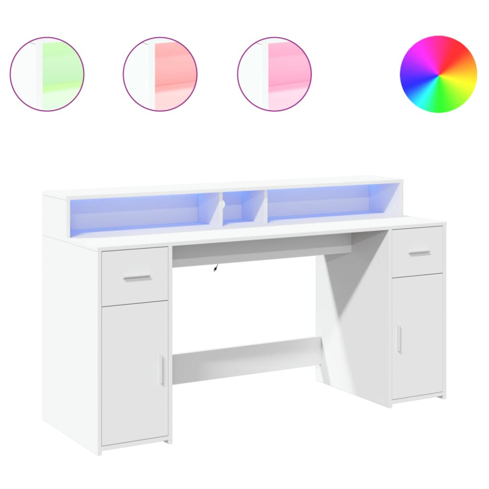 vidaXL Desk with LED Lights Writing Table Working Table White Engineered Wood