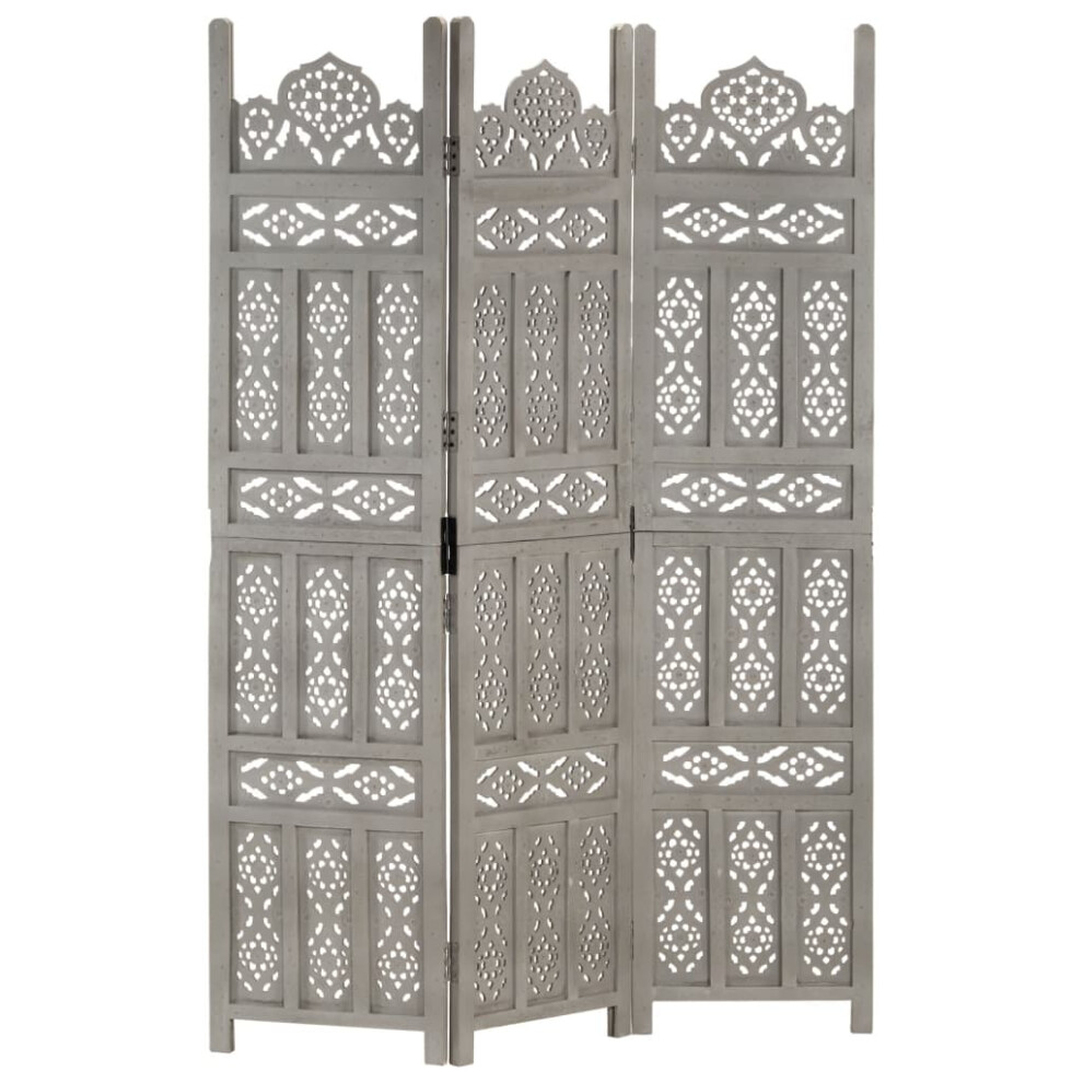 vidaXL Solid Mango Wood Hand Carved 3-Panel Room Divider Grey 120cm Partition