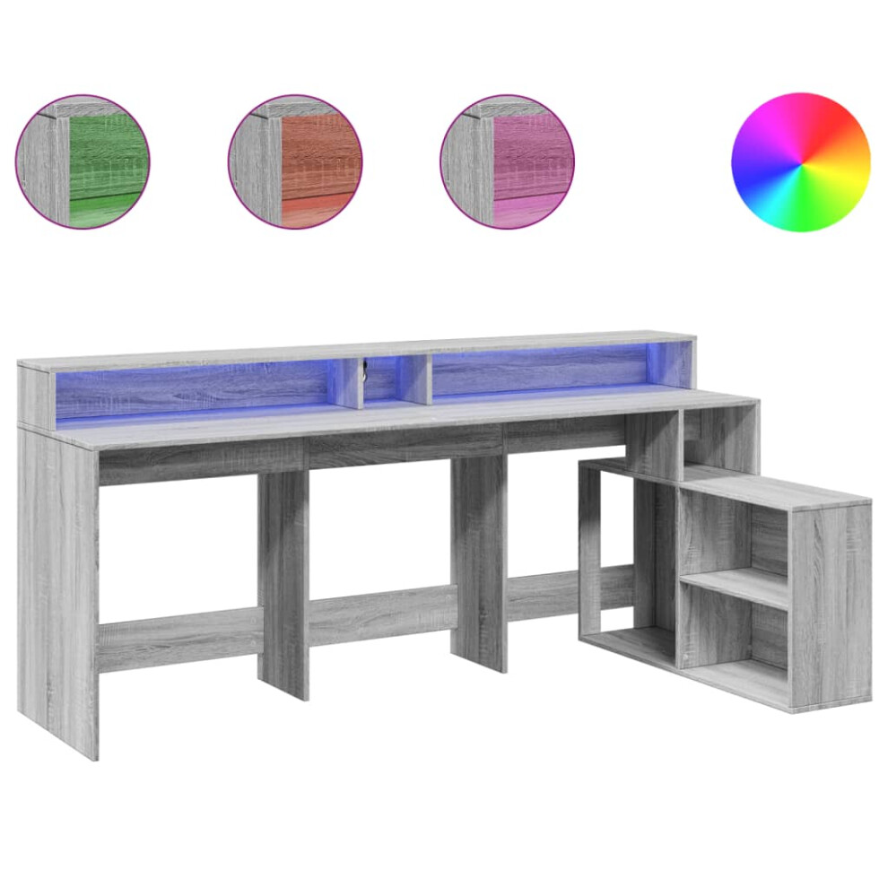 vidaXL Desk with LED Lights Writing Working Table Grey Sonoma Engineered Wood