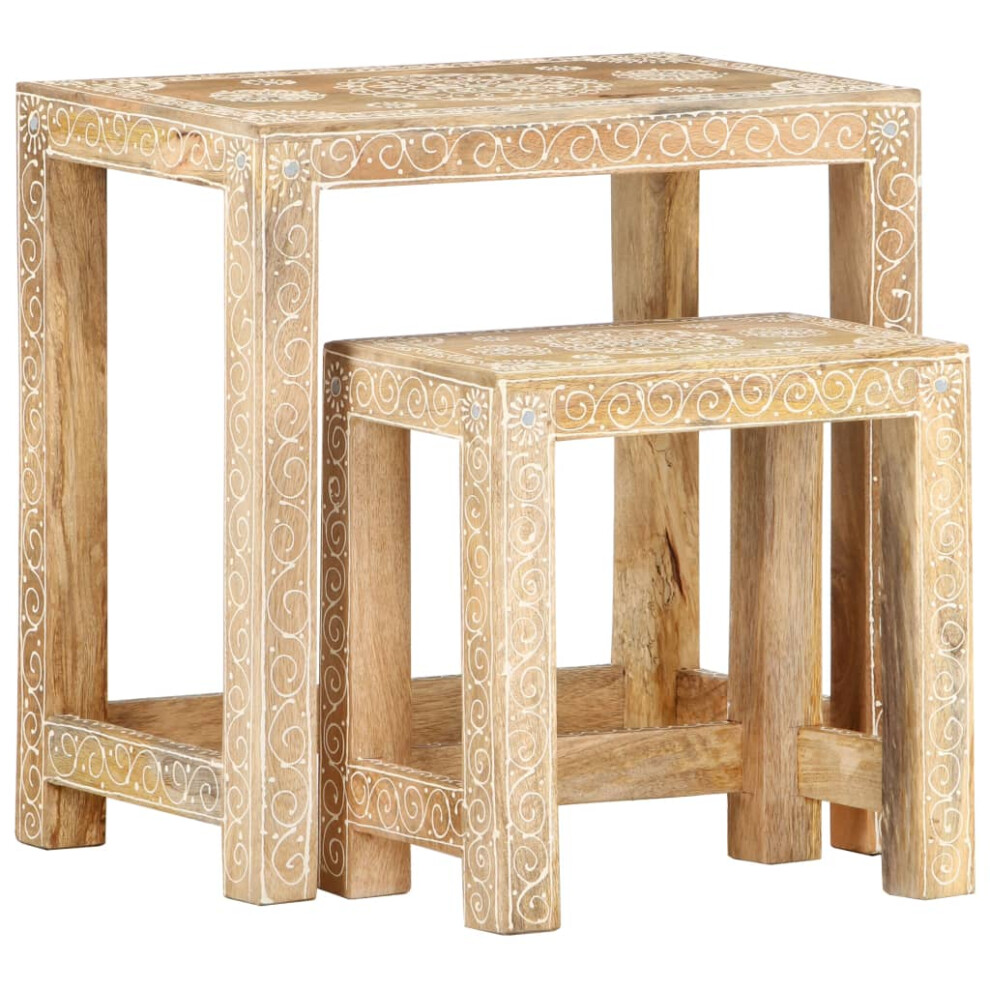 vidaXL 2 Piece Solid Mango Wood Hand-painted Side Table Set Stool Tea Stand