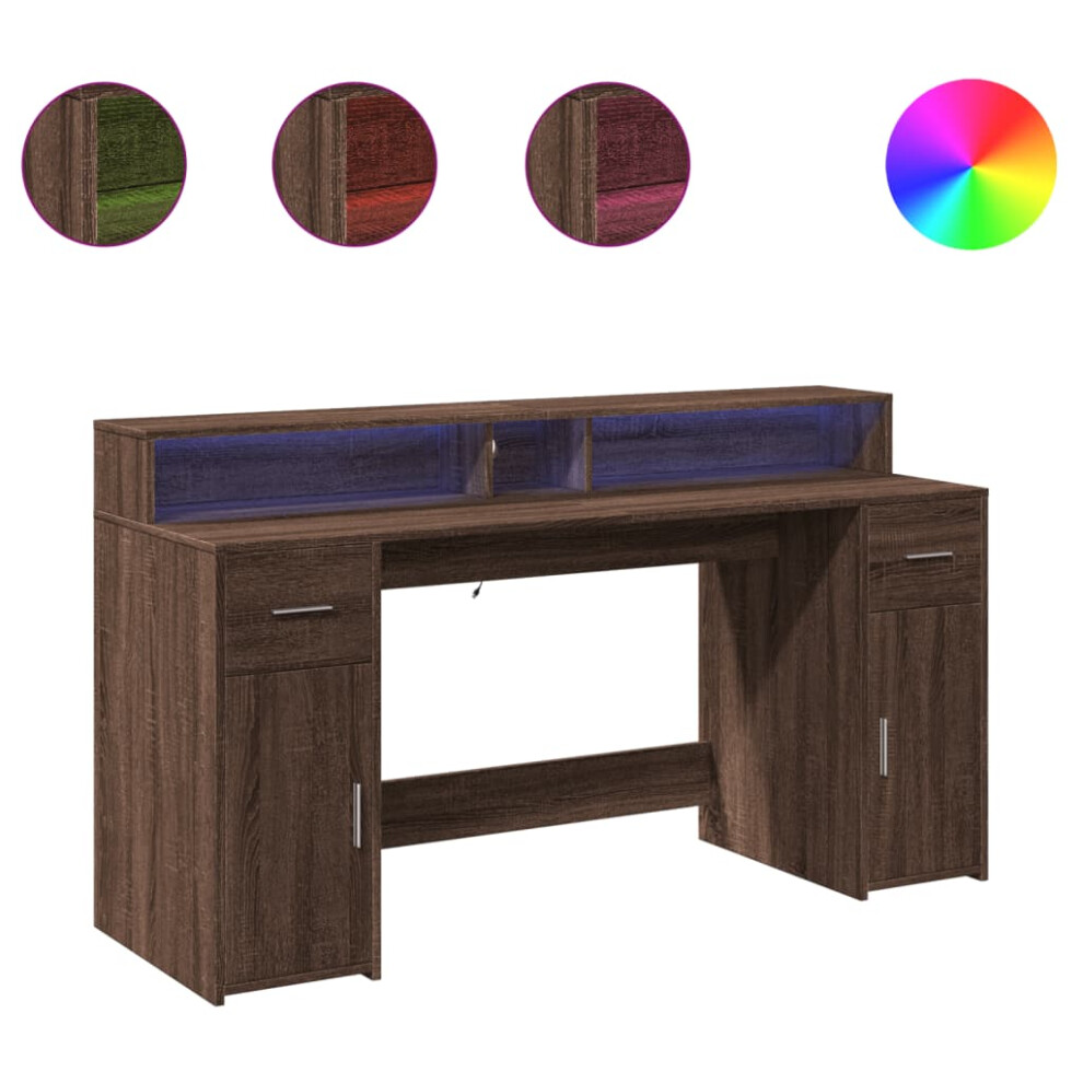 vidaXL Desk with LED Lights Writing Working Table Brown Oak Engineered Wood