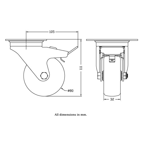 Parnells 80mm swivel/brake castor with grey electrically conductive thermoplastic rubber 1