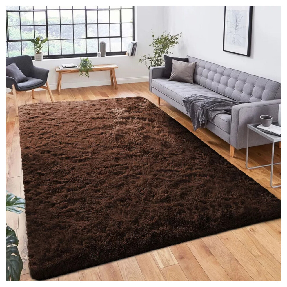 (60cm x 110cm (2ft x 3ft 7"), Coffee Brown Shaggy Rugs) Fluffy Rug Non-Slip Shaggy Rugs Living Room Carpet