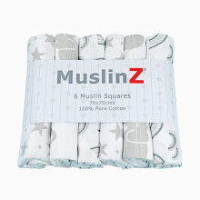 MuslinZ 6pk Baby Muslin Squares Burp Cloths Dribble Cloth Breastfeeding Cover 70x70cm 100% Pure Cotton Absorbent & Breathable (Grey Prints)