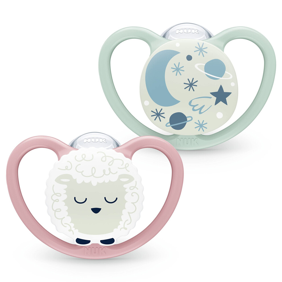 NUK Space Night Baby Dummy | 0-6 Months | Glow-in-The-Dark Soothers with Extra Ventilation for Sensitive Skin | BPA-Free Silicone | Sheep & Moon | 2