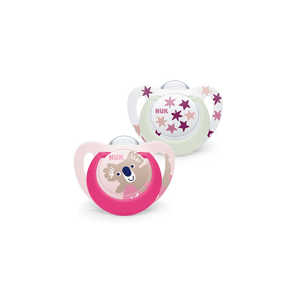 NUK Star Night & Day Baby Pacifier | 6-18 Months | Glow in The Dark Dummies | BPA Free Silicone | Pink Koala | 2 Pieces